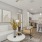 a living room with a white couch and a table